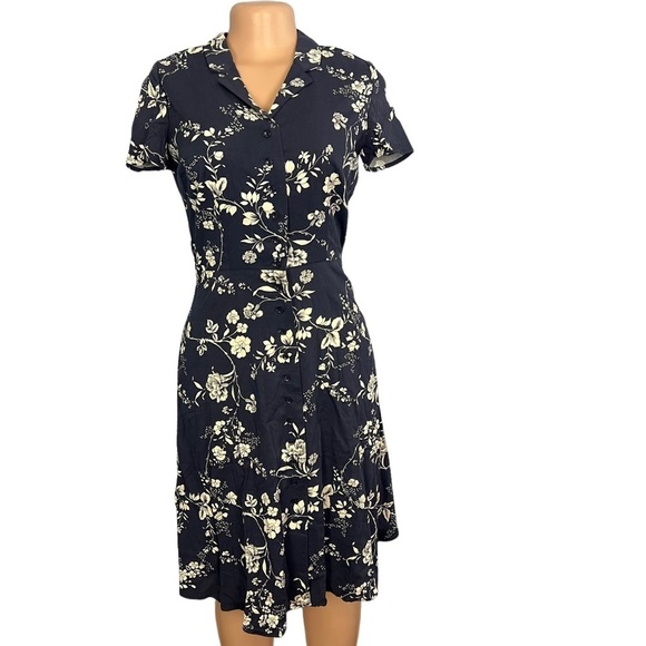 Leona Lee Navy Blue Floral Button Down Dress - Picture 1 of 10